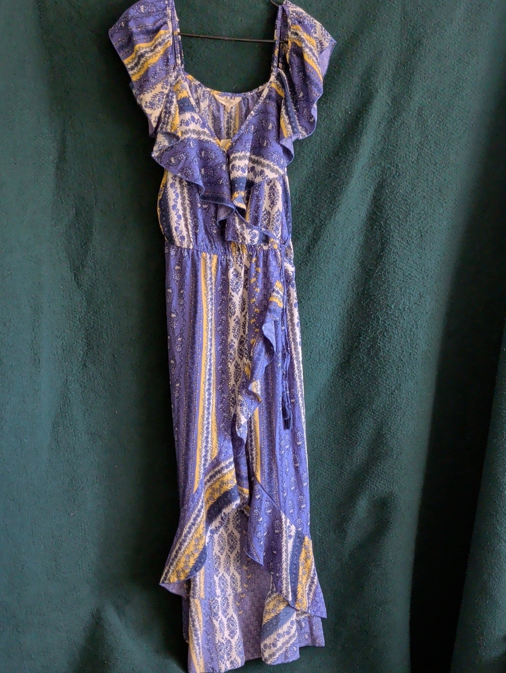 indulge Purple and Yellow Ruffle Maxi Dress